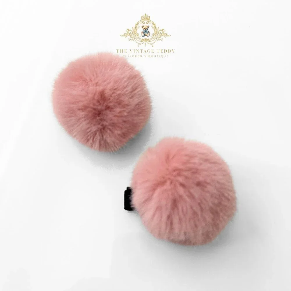 Cute Girls Pom Pom Hair Clips Boutique Hair Accessories for Girls Faux Fur Blush